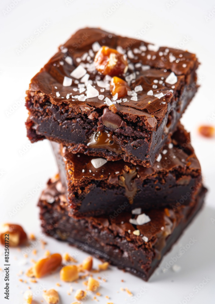 Salted Caramel Brownies on slate tile, isolated on white background. Salted Caramel Brownies on slate tile, isolated on white background.