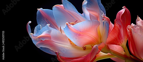 Lovely spring flowers with a close up of tulip showing the pistil and stamens This copy space image captures the intricate details of the flower