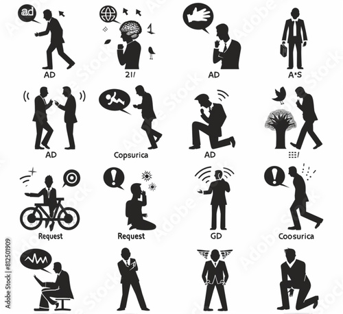  set of black and white vector icons representing people with ADoire spectrum gods    _FOREACH in the brain  one person running around  two men having an argument while others