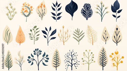 Stylized Collection of Botanical Illustrations Featuring a Variety of Plant and Leaf Designs.