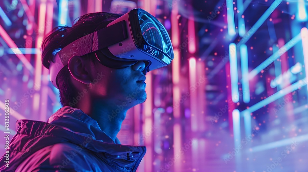 young emotional people on multicolored background in neon light. Concept of human emotions, facial expression, sales. Smiling, playing videogames with VR-headset, modern young emotional people on multicolored background in neon light. Concept of human emotions, facial expression, sales. Smiling, playing videogames with VR-headset, modern