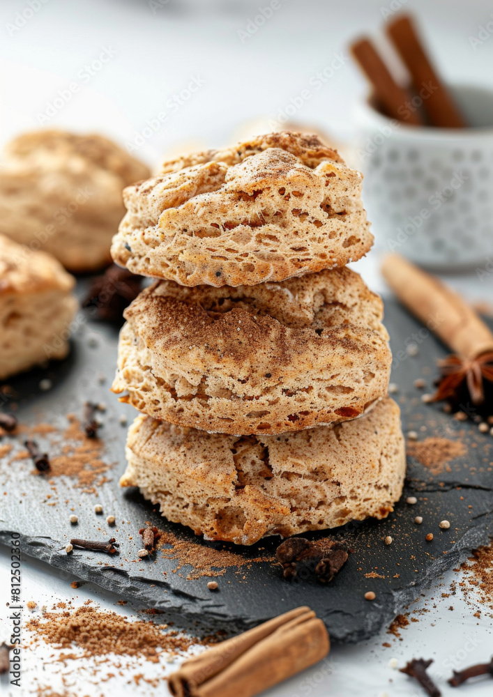 Chai-spiced Scones on slate tile, isolated on white background. Traditional Scones. Dessert. Chai-spiced Scones on slate tile, isolated on white background. Traditional Scones. Dessert.