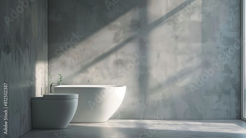 The modern bathroom has a ceramic white toilet bowl next to a grey wall and a side light.