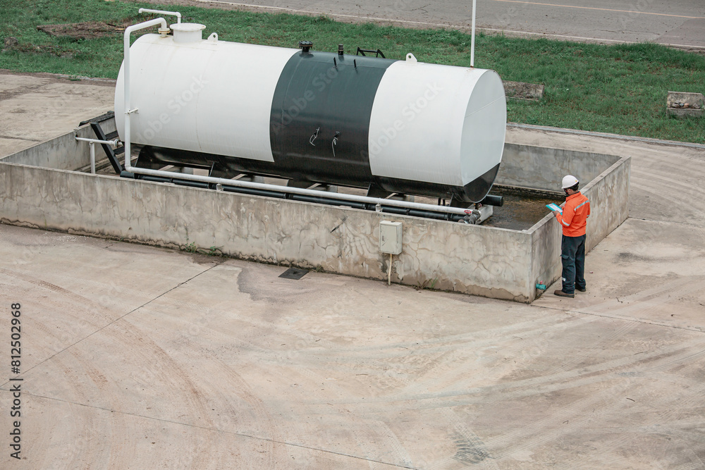 Top view male workers are for check record inspection of storage tank Top view male workers are for check record inspection of storage tank