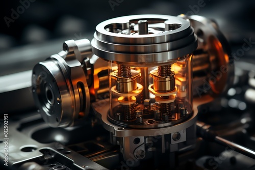 A close up of a mechanical device with a glass cylinder and a glowing orange light inside.