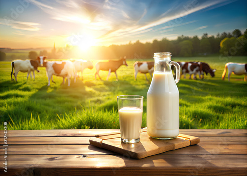 fresh milk on wooden table with cows on green meadow and mornig light background photo