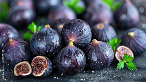   Ripe figs sit atop a table, alongside cut-up figs photo