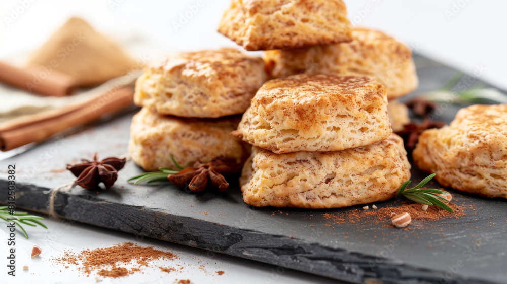 Chai-spiced Scones on slate tile, isolated on white background. Traditional Scones. Dessert. Chai-spiced Scones on slate tile, isolated on white background. Traditional Scones. Dessert.