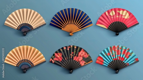 Fan paper by hand. Asian traditional folding hand fan  wooden Chinese traditional hand fans  Japanese souvenirs  vector illustration icons set. Chinese fan decorations  mementos of Asian culture