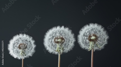 Close up of three dandelions on a dark background