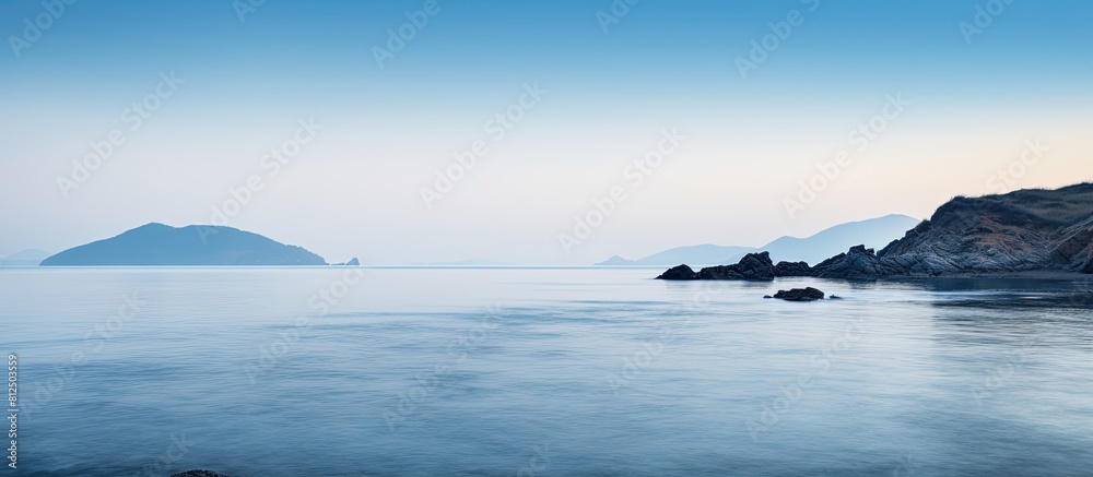 Picturesque coastline with a serene ambiance at dawn featuring an empty expanse and ample copy space image Picturesque coastline with a serene ambiance at dawn featuring an empty expanse and ample copy space image