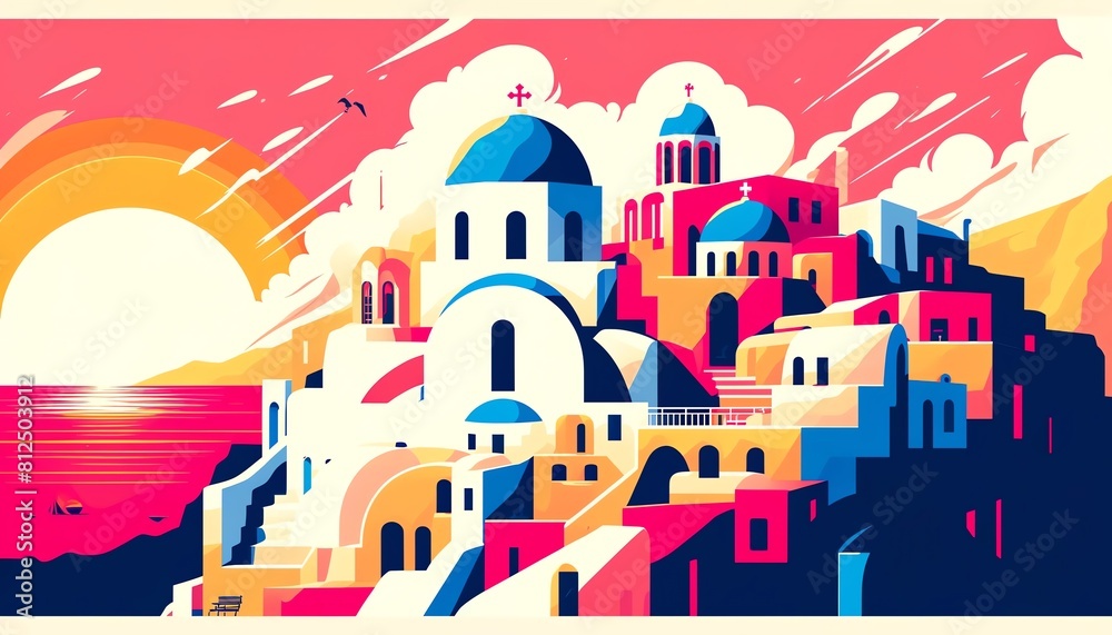 An abstract illustration of colorful Santorini