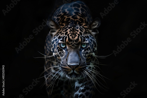 black panther with grey eyes on a black background