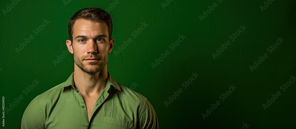 A man in a green shirt poses in a studio with a copy space image of a brown background