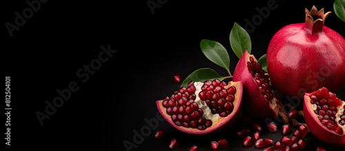 Top view of ripe pomegranates with juicy red seeds on a black background creating the perfect copy space image