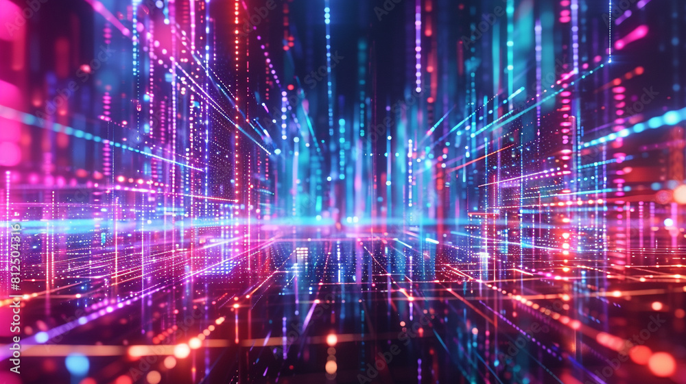 Neon grids and color plexus lines creating a dynamic virtual communication landscape. Neon grids and color plexus lines creating a dynamic virtual communication landscape.