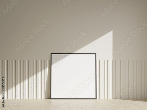 Frame mockup poster on wooden floor with soft brown wall. 3D illustrations.