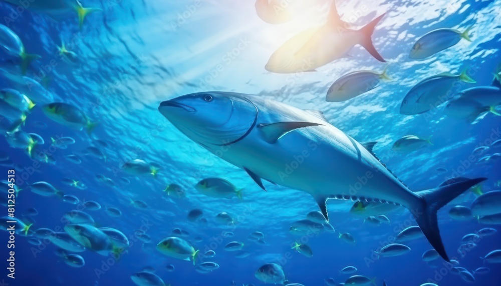 Fototapeta premium Groups of giant Tuna fish in the underwater, coral reef, amazing underwater life, various fish and exotic coral reefs, ocean wild creatures background