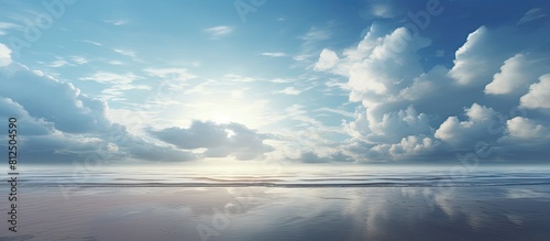 The damp beach sand reflects the cloudy sky of the late afternoon in a serene and beautiful manner 99 characters. Creative banner. Copyspace image