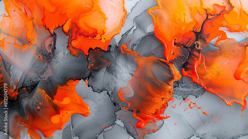 Neon orange and cool gray abstract alcohol ink art with detailed oil paint textures. © Asad