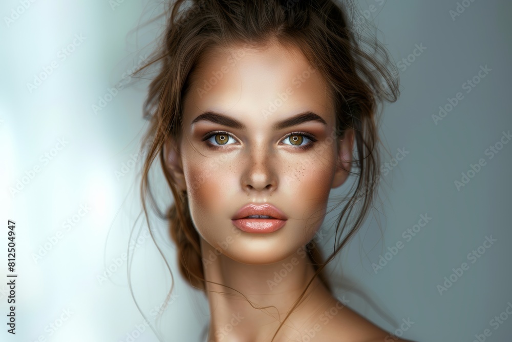 Naklejka premium Beautiful brunette woman with long hair, radiant perfect skin, beauty industry, beauty and health.