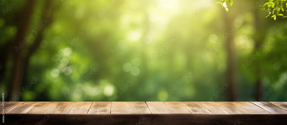 A rustic wooden plank blending into the lush green forest with a soft background of light bokeh and blurry hues copy space image