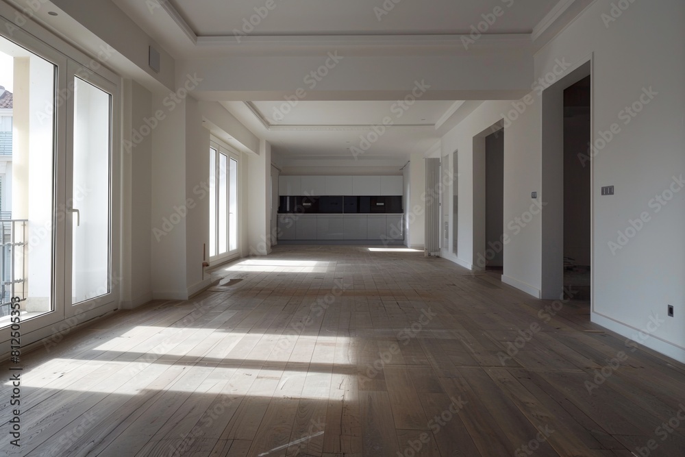 An empty room with white walls and wooden floors, awaiting transformation into a new living space with endless design possibilities. Generative AI An empty room with white walls and wooden floors, awaiting transformation into a new living space with endless design possibilities. Generative AI