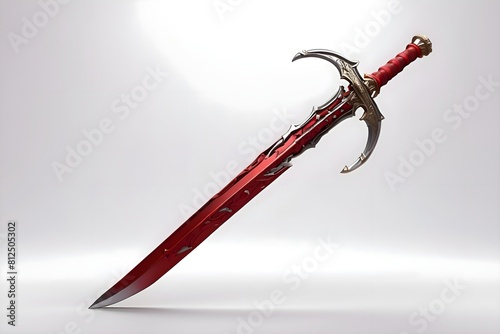 3D sword made of red metal, white background and smooth all around photo