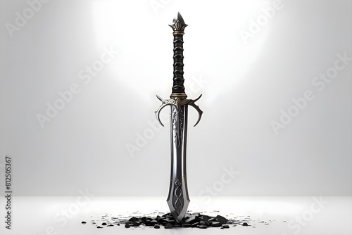 3D sword made of black metal, white background and smooth all around photo