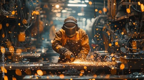 Atmospheric and gritty scene of a metal workshop with sparks flying and workers in protective gear