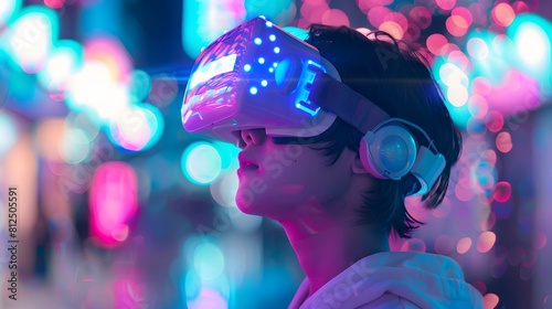  young emotional people on multicolored background in neon light. Concept of human emotions, facial expression, sales. Smiling, playing videogames with VR-headset, modern © sungedi