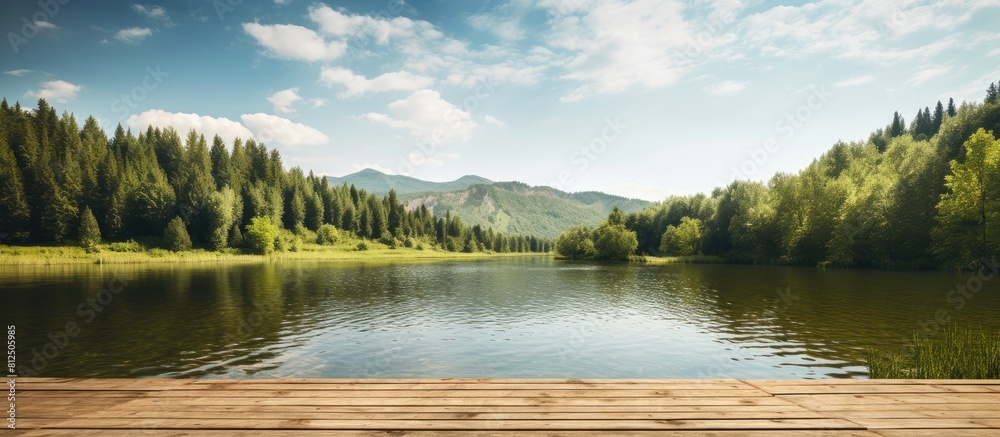 Fototapeta premium A serene forest river lake with a wooden pier set against an idyllic rural landscape on a sunny day This picturesque scene invites nature enthusiasts offering opportunities for ecotourism hiking and