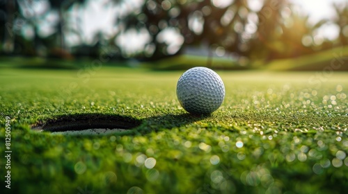 The image shows a golf ball sitting on the edge of a hole on a golf course photo
