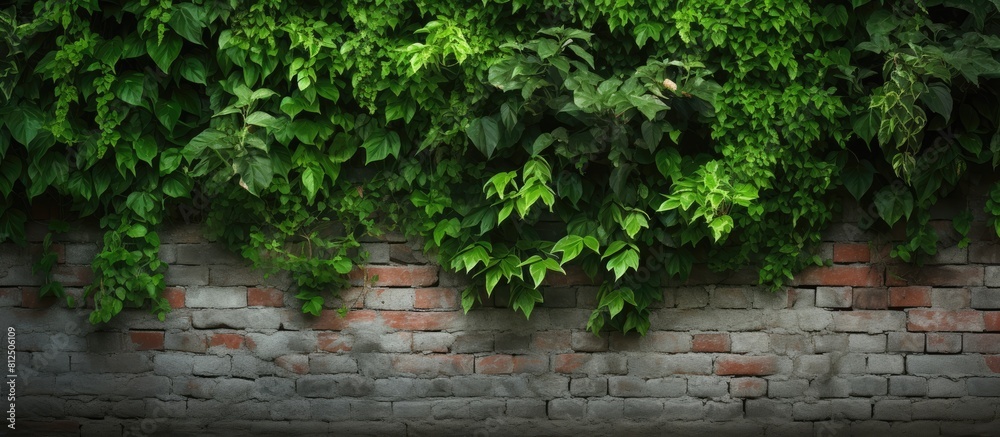 A brick wall serves as the background for a charming display of lush green plants offering copy space for additional elements