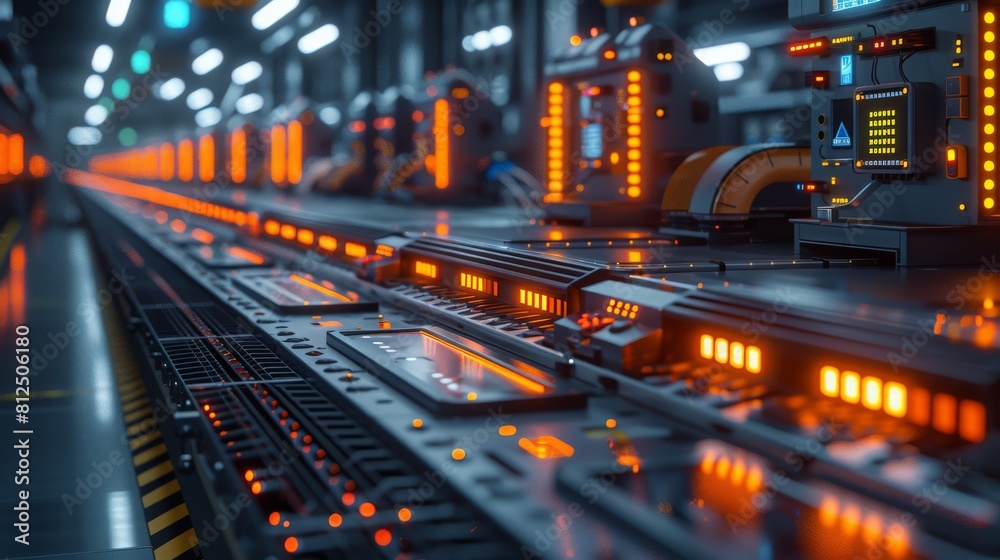 Minimalist design of a modern electronics assembly line, clean and precise Minimalist design of a modern electronics assembly line, clean and precise