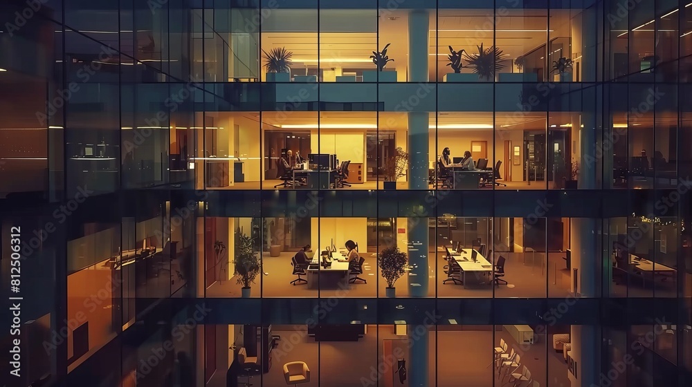 Working during the evening in a glass business center office building with many glass-walled offices and time-lapse lighting. individuals seated at desks. Take a zoom out