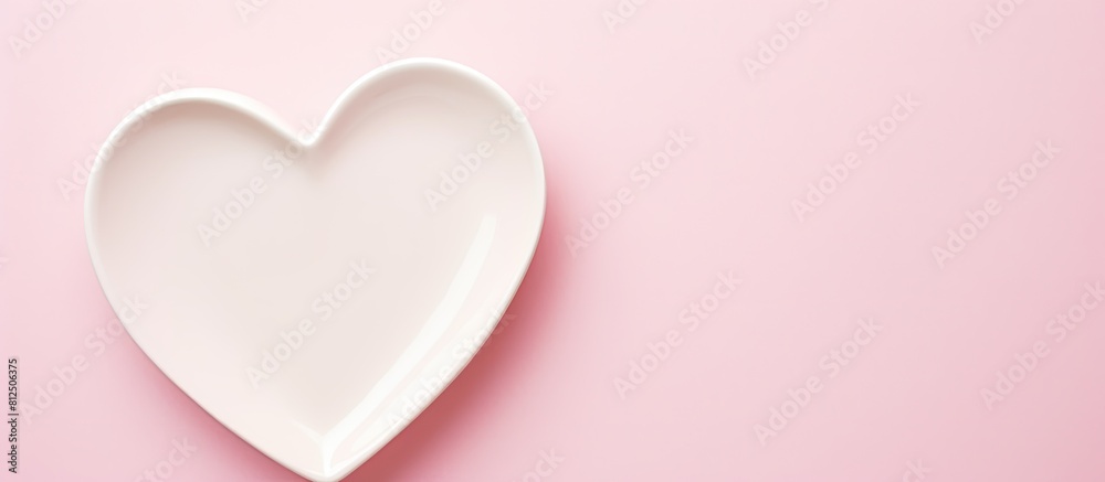 A heart shaped white plate with favorite items placed on a pink background isolated with copy space for text