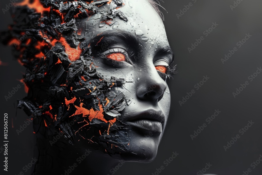 Portrait of a fictional woman. A mixture of lava and man. Double exposure. Abstract image of a woman. Passion and strength.