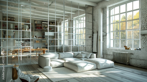 A large  open living room with a white couch and a white rug