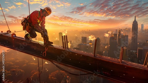Construction Worker Navigating Skyscraper Beam Against Vibrant City Skyline with Detailed Safety Gear
