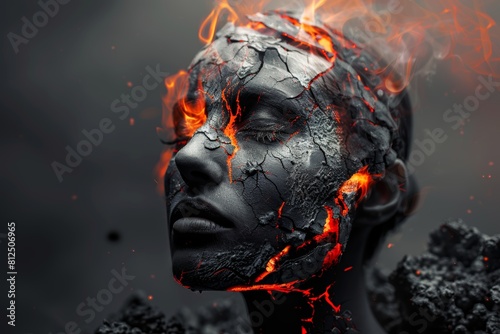 Portrait of a fictional woman. A mixture of lava and man. Double exposure. Abstract image of a woman. Passion and strength.