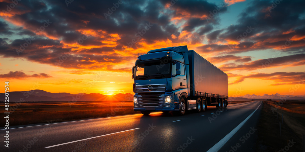 Powerful Semi-Truck Transporting Goods on Endless Highway Under Fiery Sunset, Capturing Spirit of Relentless Trucking Industry