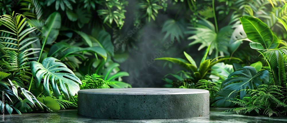 A concrete podium in a lush jungle setting A concrete podium in a lush jungle setting