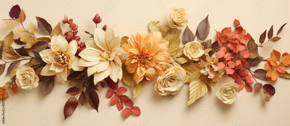 A stunning autumn arrangement of flowers and leaves beautifully arranged in the garden captured from above The composition appears as a flat layout with a copy space image set against a beige backgro A stunning autumn arrangement of flowers and leaves beautifully arranged in the garden captured from above The composition appears as a flat layout with a copy space image set against a beige backgro