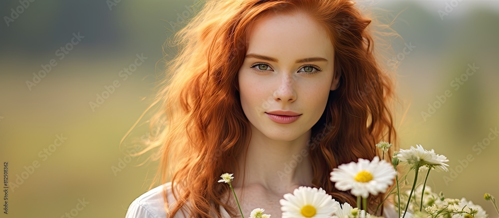 A stunning redhead holding a bouquet of daisies poses in nature with ample copy space for an image A stunning redhead holding a bouquet of daisies poses in nature with ample copy space for an image