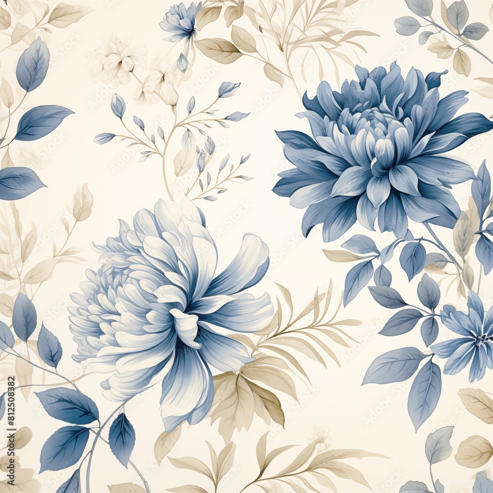 Elegant Blue and Beige Floral Botanical Wallpaper Design.