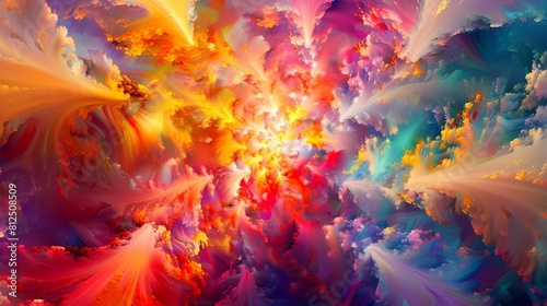 A kaleidoscope of bright colors erupting into the air, resembling a multicolored power explosion frozen in time