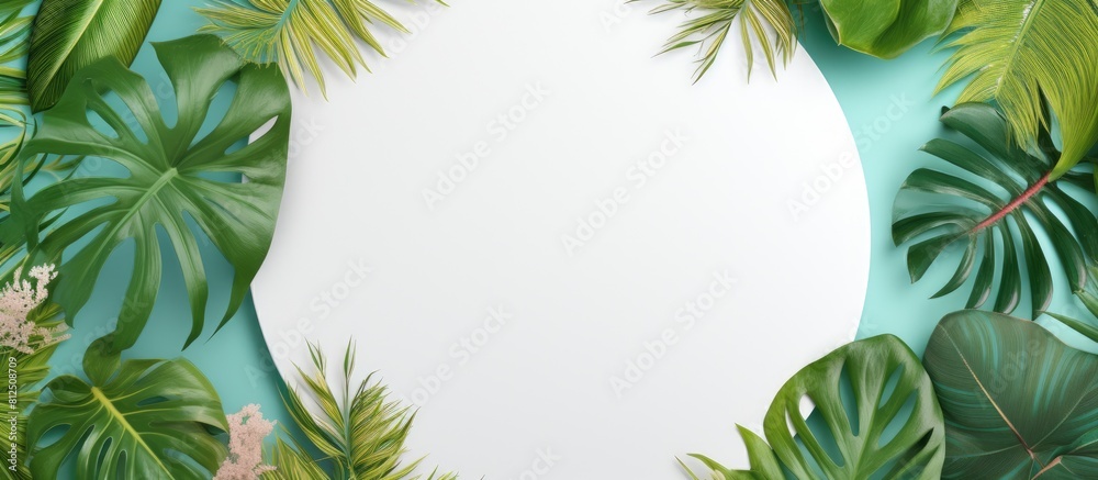 A summer themed background featuring a circular blank space surrounded by vibrant exotic leaves perfect for adding a copy space image A summer themed background featuring a circular blank space surrounded by vibrant exotic leaves perfect for adding a copy space image