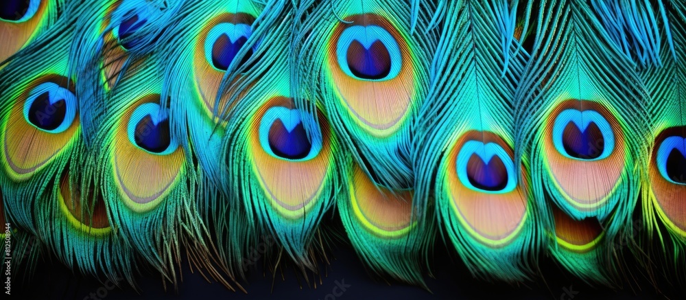Obraz premium Colorful tail feathers of a peacock are being displayed creating an attractive copy space image