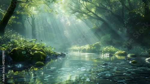 An enchanting forest glade illuminated by shafts of sunlight, with a crystal-clear stream running through it